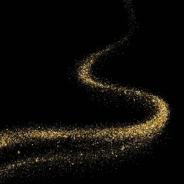 Vector illustration of Golden glitter glare wave trail of sparkling particles in space black background. Vector abstract gold flare shine trace for Christmas or premium fashion and luxury cosmetic
