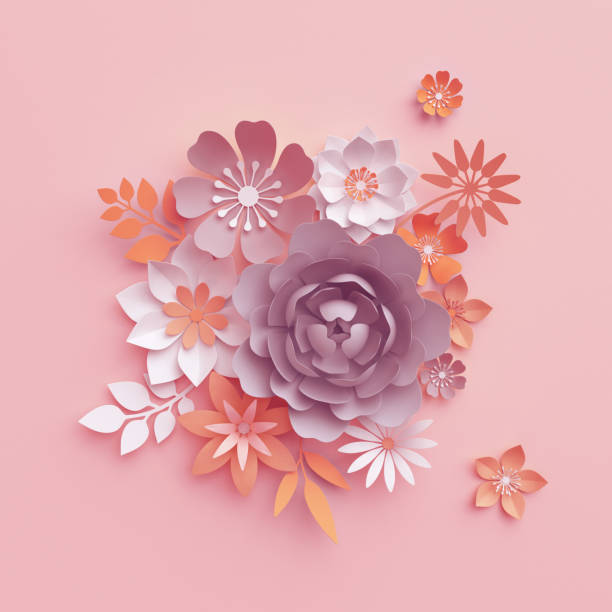 istock 3d render, fall paper flowers isolated on pink, pastel botanical background, beautiful bouquet, floral arrangement, fashion wallpaper, nursery wall decor, rose, peony, daisy, leaves 1031994104