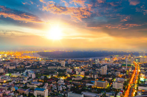 istock Panoramic view Cityscape business district from aerial view high building at dusk (Bangkok, Thailand) 1032000706