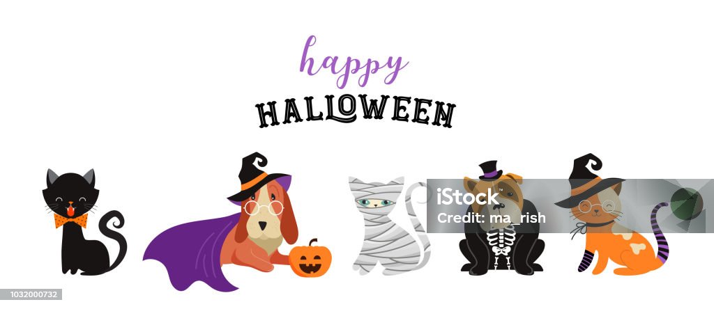 Happy Halloween - cats and dogs in monsters costumes, Halloween party. Vector illustration, banner, elements set Happy Halloween - cats and dogs in monsters costumes, Halloween party. Vector illustration, banner Halloween stock vector