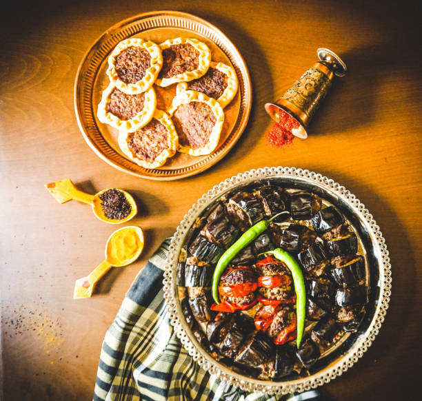 Turkish eggplant kebab, small Turkish pizzas and colorful spices
