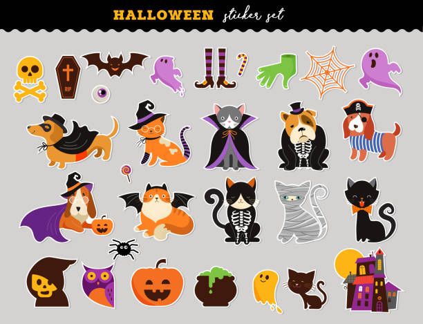 ilustrações, clipart, desenhos animados e ícones de feliz dia das bruxas - conjunto de autocolantes de gatos e cães em trajes de monstros, festa de halloween. ilustração vetorial, banner, conjunto de elementos - pet clothing