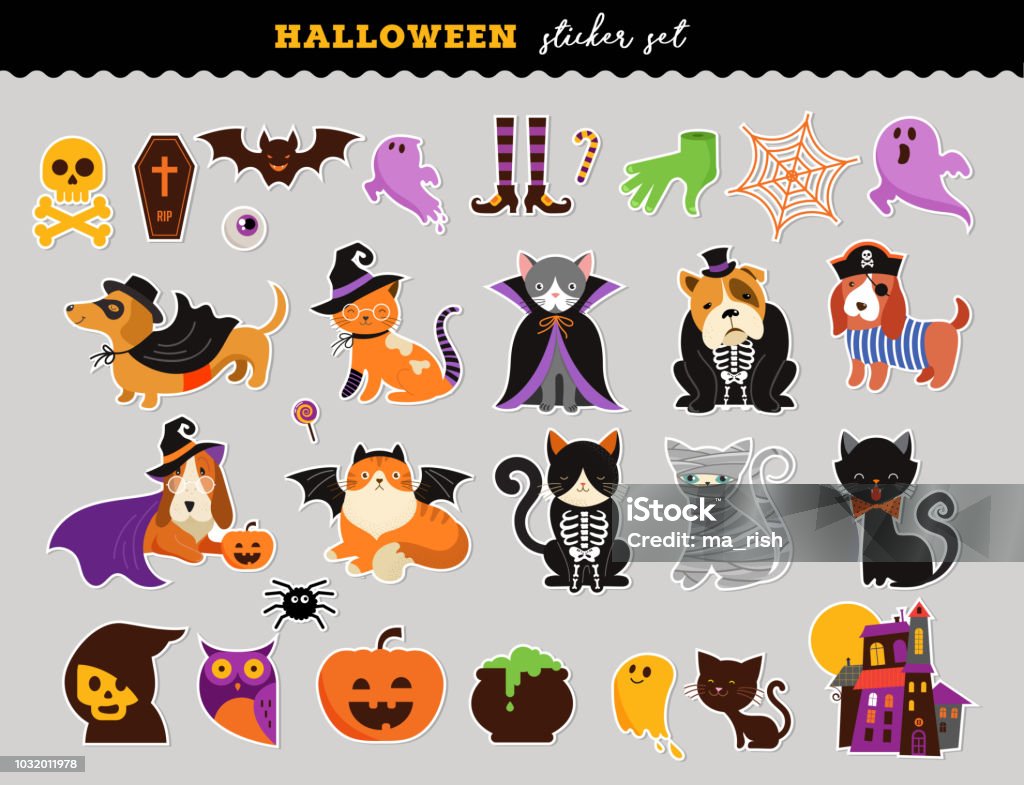 Happy Halloween - stickers set of cats and dogs in monsters costumes, Halloween party. Vector illustration, banner, elements set Halloween stock vector