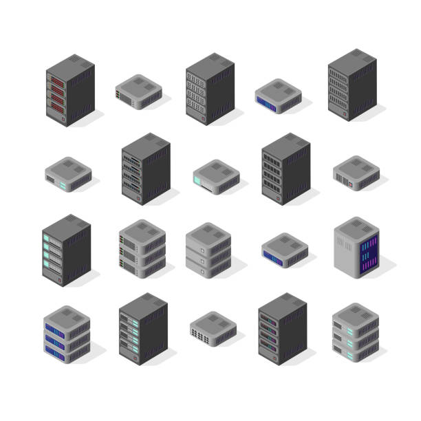 Data server network Data server set network technology of networking telecommunication computer. Set isometric 3d vector illustration of computing equipment cloud database center of information internet system storage. network server stock illustrations