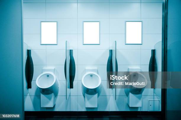 Blank Billboards At Public Toilet Stock Photo - Download Image Now - Urinal, Advertisement, Toilet