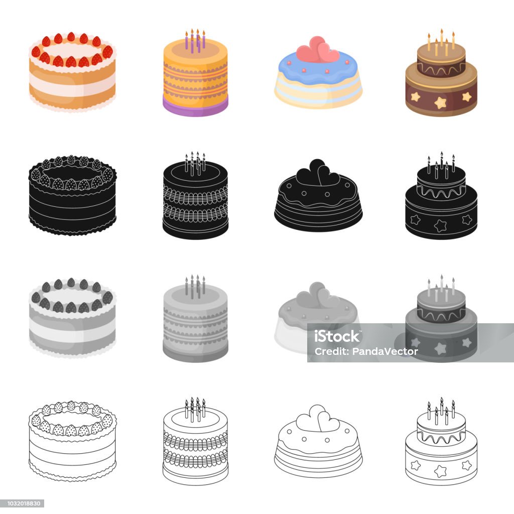 A festive cake and other types of dessert. Cake set collection icons in cartoon black monochrome outline style vector symbol stock illustration web. A festive cake and other types of dessert. Cakes set collection icons in cartoon black monochrome outline style vector symbol stock illustration . Affectionate stock vector