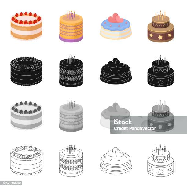 A Festive Cake And Other Types Of Dessert Cake Set Collection Icons In Cartoon Black Monochrome Outline Style Vector Symbol Stock Illustration Web Stock Illustration - Download Image Now