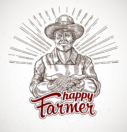 Happy farmer holding a handful of grain in his hands. Vector illustration in engraving style.