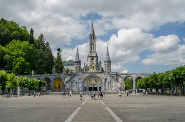 Loudes famous french town for pilgrimages to the cathedral of the madonna among the mountains of the Pyrenees of France