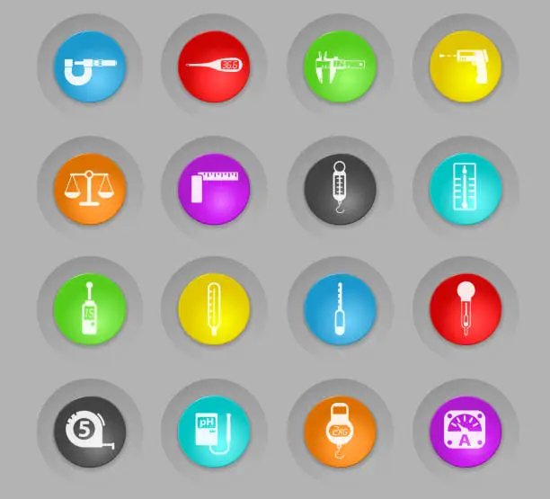 Vector illustration of measuring tools colored plastic round buttons icon set