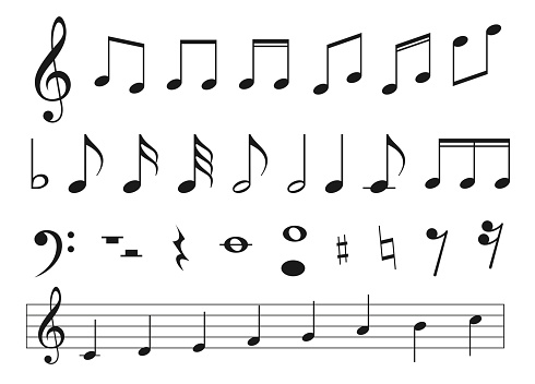 Musical notes set. Pitch and duration of a sound, representation in musical notation. Vector illustration on white background