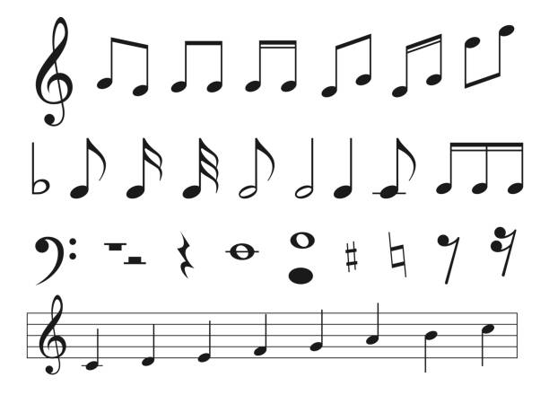 Musical notes set Musical notes set. Pitch and duration of a sound, representation in musical notation. Vector illustration on white background musical stave stock illustrations