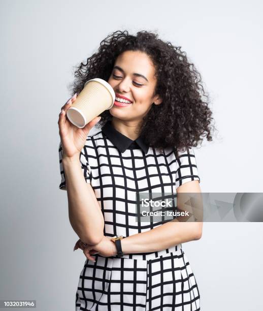 Happy Woman Drinking Coffee Stock Photo - Download Image Now - Cheerful, Drinking, Smiling