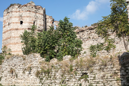 Ruins of The Walls of Constantinople. The walls surrounded the old city on all sides, protecting it against attack from both sea and land  city of Constantinople (today Istanbul in Turkey)