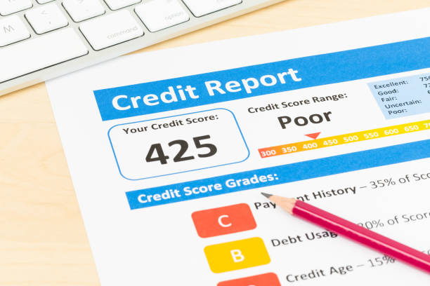 istock Poor credit score report with pen and keyboard 1032041448