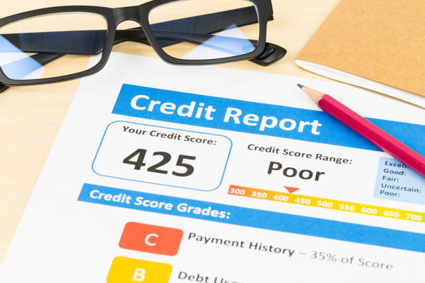istock Poor credit score report with pen and calculator 1032041470