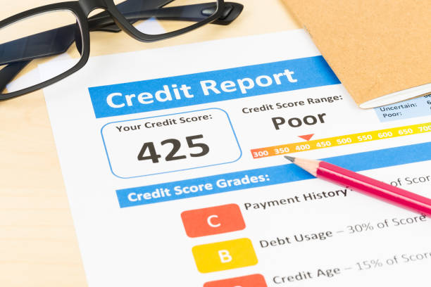 istock Poor credit score report with pen and calculator 1032041474