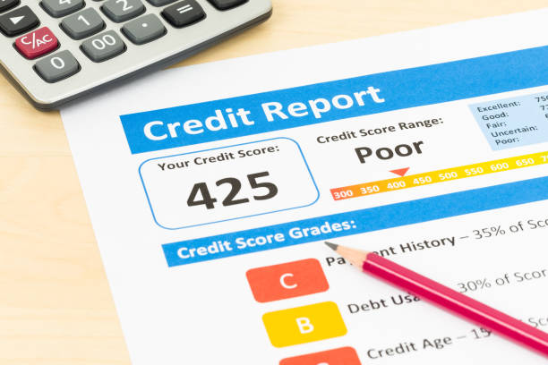 istock Poor credit score report with pen and calculator 1032041484