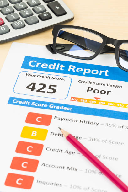 istock Poor credit score report with pen and calculator 1032041528