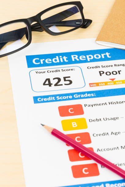 istock Poor credit score report with pen and calculator; document is mock-up 1032041540