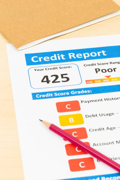 istock Poor credit score report with pen and calculator 1032041554
