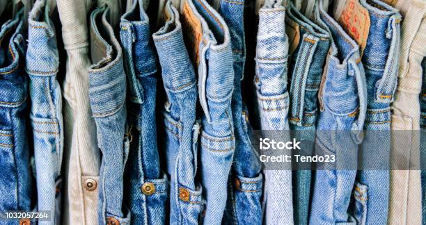 A Rack Of Second Hand Jeans Stock Photo - Download Image Now - Jeans, Denim, Clothing