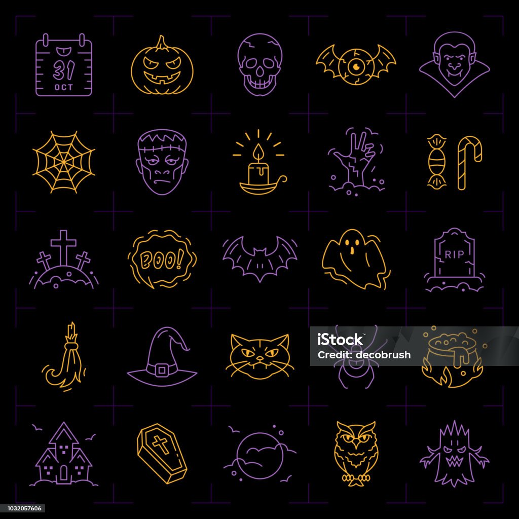 Halloween icon set. Colorful Halloween icons on an black background. Thin line art design, Vector flat illustration Halloween icon set. Colorful Halloween icons on an black background. Thin line art design, Vector outline illustration Abstract stock vector