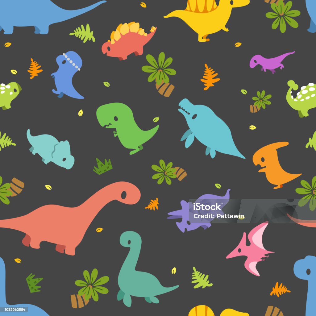 Dinosaur Vector Seamless Pattern Different Type Of Cute Cartoon Dinosaurs  On Black Background It Can Be Print And Used As Wallpaper Packaging  Wrapping Paper Fabric And Etc Cartoon Doodle Style Stock Illustration -