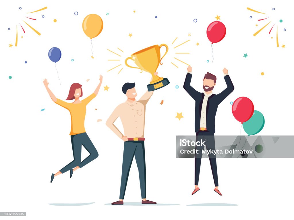 Win achievement. Happy company employee awarding a trophy prize to their leader. Business vector illustration. Win achievement. Happy company employee awarding a trophy prize to their leader. Business vector illustration. Business company party advertising with corporate members. Office manager staff teamwork Winning stock vector