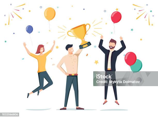 Win Achievement Happy Company Employee Awarding A Trophy Prize To Their Leader Business Vector Illustration Stock Illustration - Download Image Now