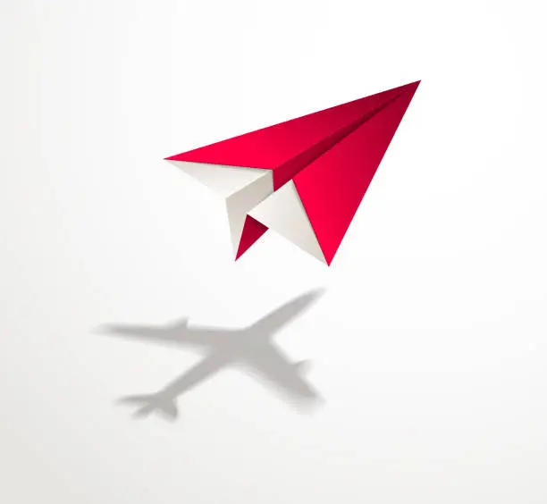 Vector illustration of Paper plane casting shadow of jet airliner, origami folded toy plane 3d realistic vector illustration. Vision and aspiration dream concept, airlines, air travel, business vision idea, travel by air.