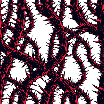 Horror art style horrible seamless pattern, vector background. Blackthorn branches with thorns stylish endless illustration. Hard Rock and Heavy Metal subculture music textile fashion stylish design.