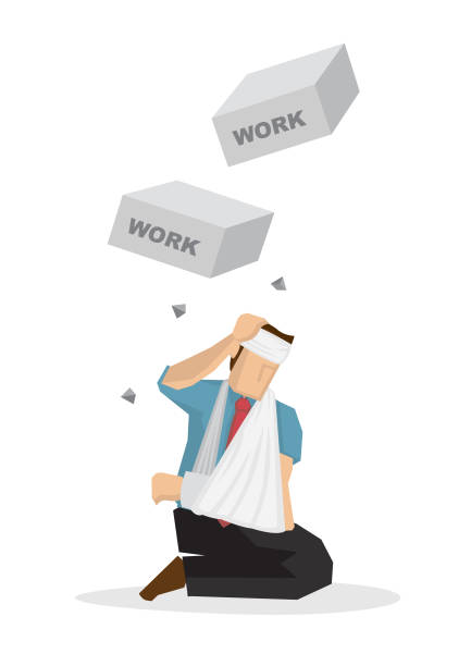 Bricks with a title work falling down on injured businessman. Concept of misfortune, sabotage or crisis happening on the corporate world. Vector illustration. Bricks with a title work falling down on injured businessman. Concept of misfortune, sabotage or crisis happening on the corporate world. Vector illustration. world title stock illustrations