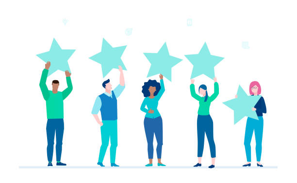 Company rating - flat design style colorful illustration Company rating - flat design style colorful illustration on white background. International team, group of people giving four star to a service or business. Customer review, feedback concept employee engagement stock illustrations