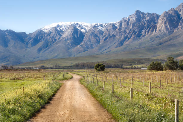 Snow capped mountains in South Africa Ceres Mountains, Western Cape, South Africa - August 11th, 2018. View of the snow covered mountains with vineyards during winter in the upper Breede River Valley region of South Africa. western cape province stock pictures, royalty-free photos & images