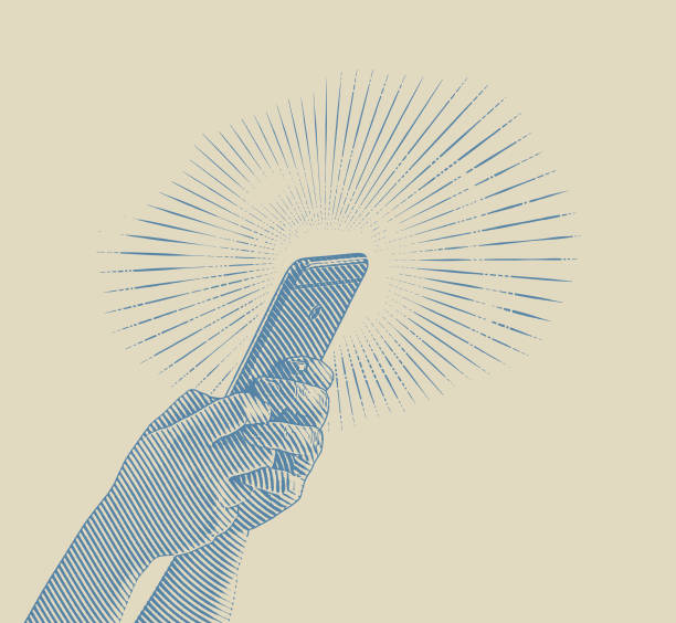 крупным планом иллюстрация рук текстовых сообщений на смартфоне - retro revival telephone human hand toned image stock illustrations