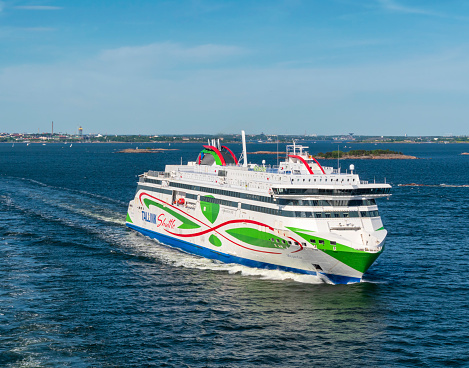 A Tallink line car and passenger ferry leaving Helsinki, capital of Finland, on its way to Tallinn, capital of Estonia. The ship is a new shuttle named ‘Megastar” and takes only two hours to travel between the two cities.