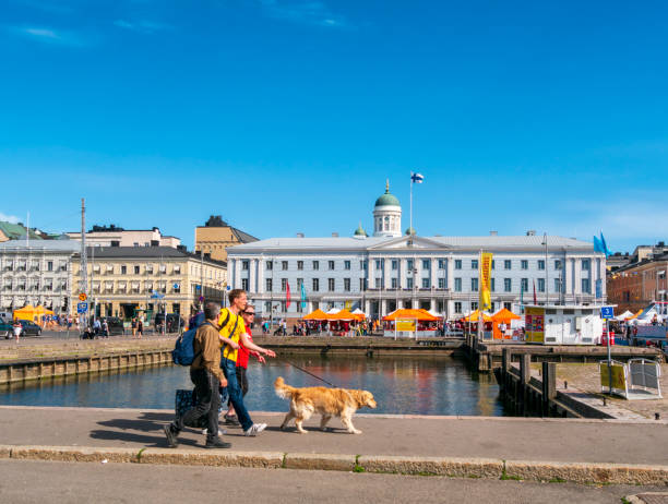 touristen mit einem hund durch helsinki hafen - finnischer meerbusen stock-fotos und bilder