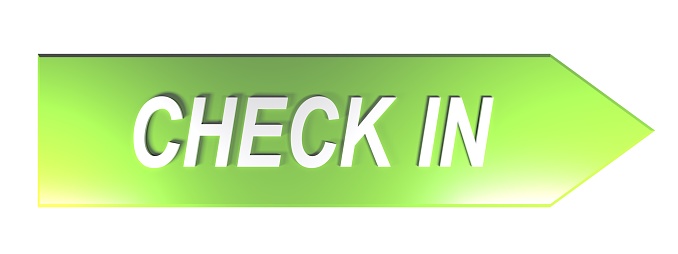 The write CHECK IN in white letters on a green arrow to the right, on white background - 3D rendering illustration