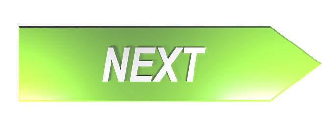 The write NEXT in white letters on a green arrow pointing to the right, on white background - 3D rendering illustration