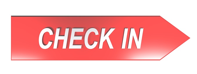 The write CHECK IN in white letters on a red arrow to the right, on white background - 3D rendering illustration