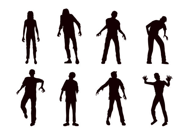 Vector zombie collection in silhouette style. Vector zombie collection in silhouette style. Full body many action in front view. zombie stock illustrations