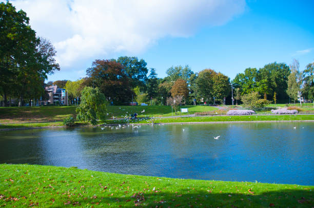 istock Park with lake and blue sky. 1032118262