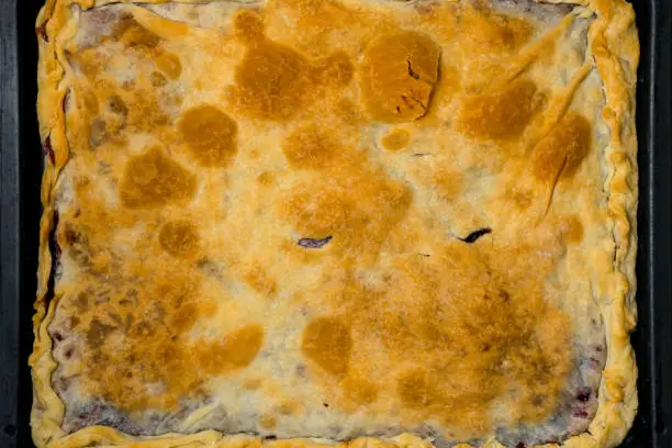 apple with cherry homemade delicious pie on the baking tray closeup