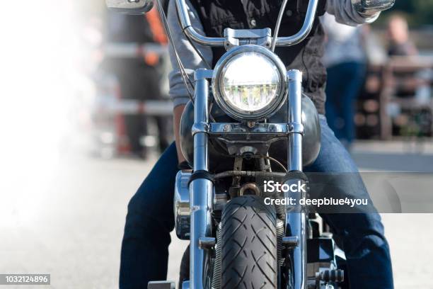 Motorcycle Is Driving With Light Stock Photo - Download Image Now - Motorcycle, Front View, Illuminated