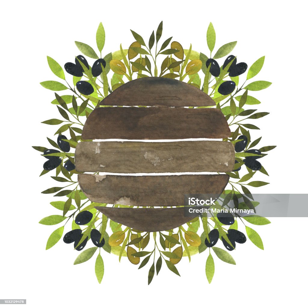 Watercolor wooden border. Decorated with green leaves and olives branches. Rustic illustration Watercolor wooden border. Decorated with green leaves and olives branches. Rustic illustration for design, blog, wedding decor, card and more Olive - Fruit stock illustration