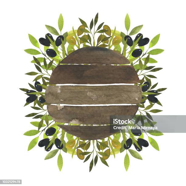 Watercolor Wooden Border Decorated With Green Leaves And Olives Branches Rustic Illustration Stock Illustration - Download Image Now