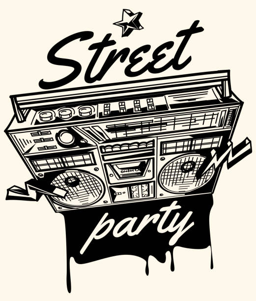 Street party poster with monochrome boom box decorative vector artwork block party stock illustrations
