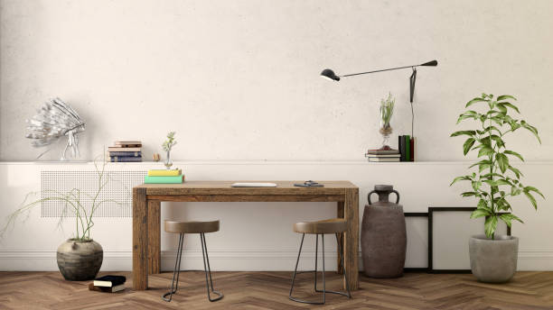 istock Contemporary home office interior with wooden table background template 1032133120