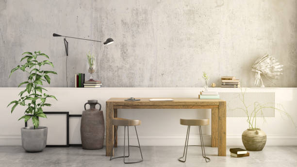 istock Contemporary home office interior with wooden table background template 1032133296